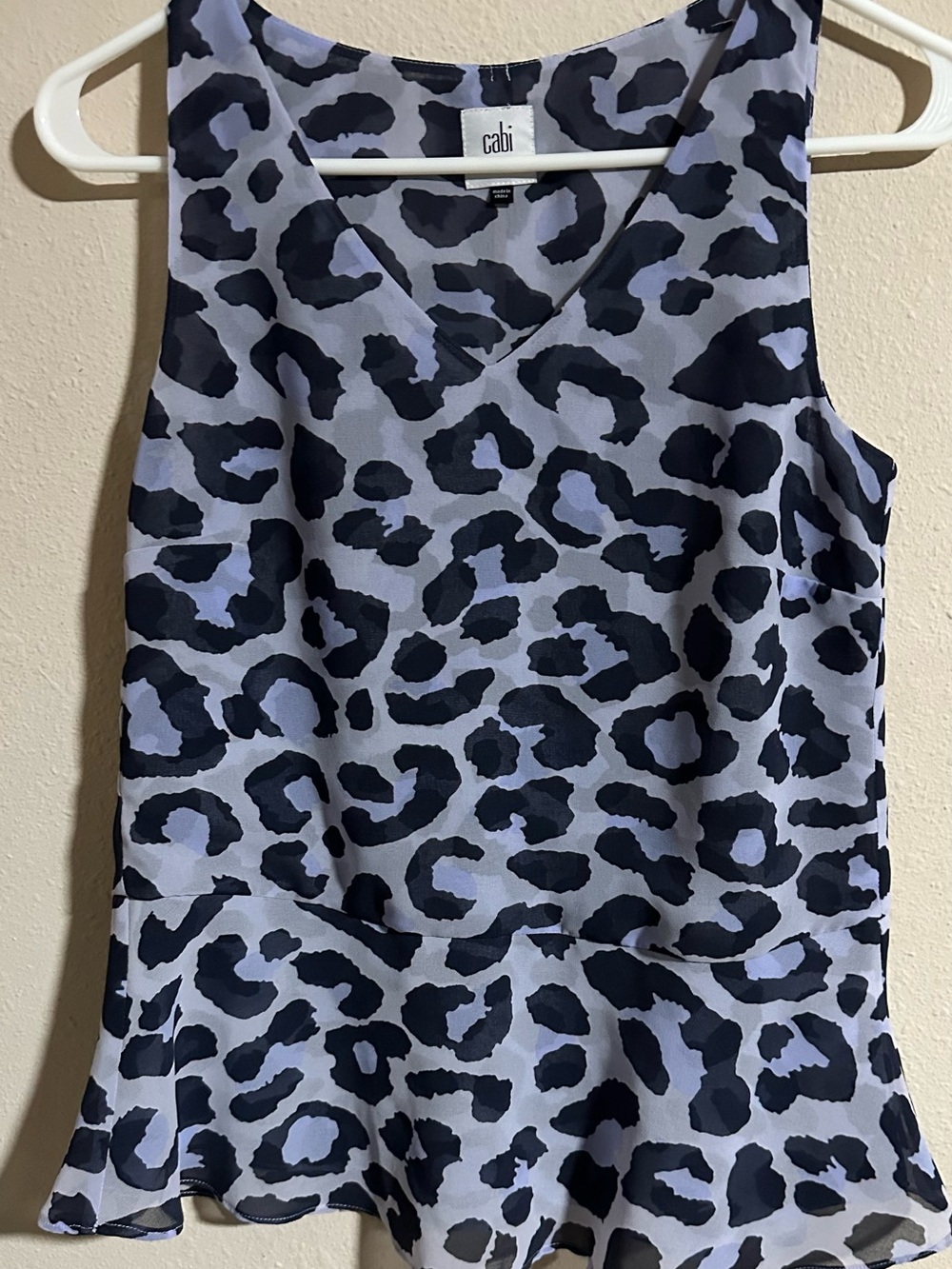 CAbi Black and Gray Leopard Print V-Neck Peplum Blouse